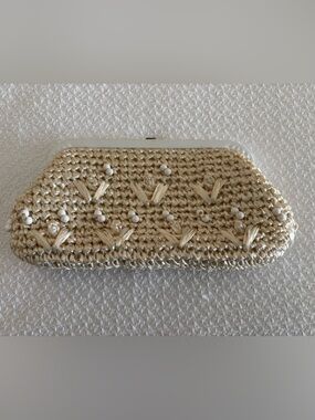 Vintage Beaded Straw Clutch Bag in Natural Beige